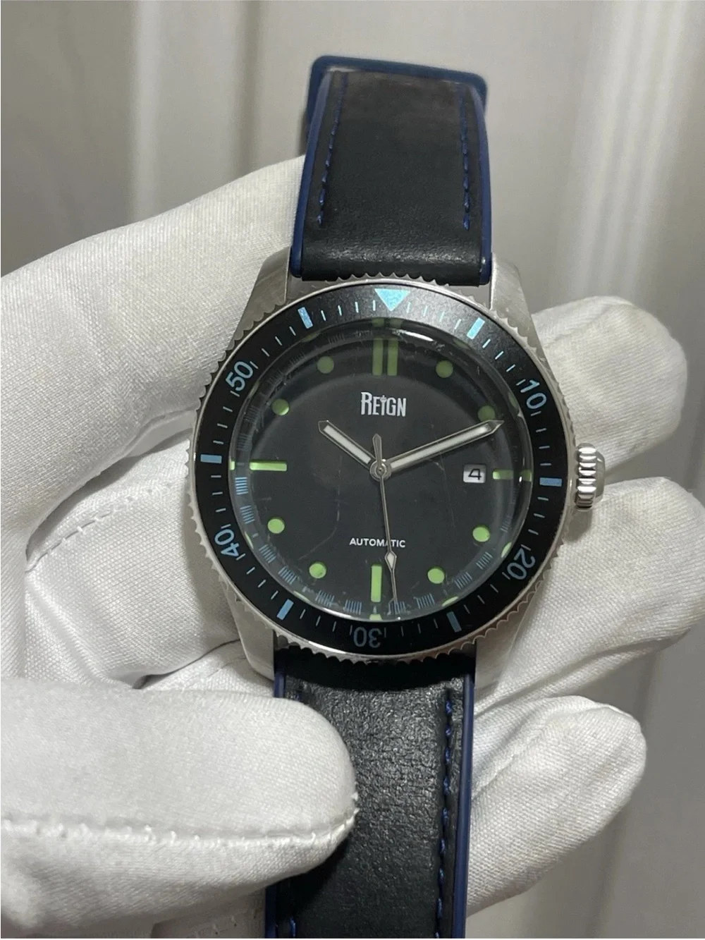 Reign Elijah Automatic Men's Diver Watch 42mm Black/Blue Leather Rubber